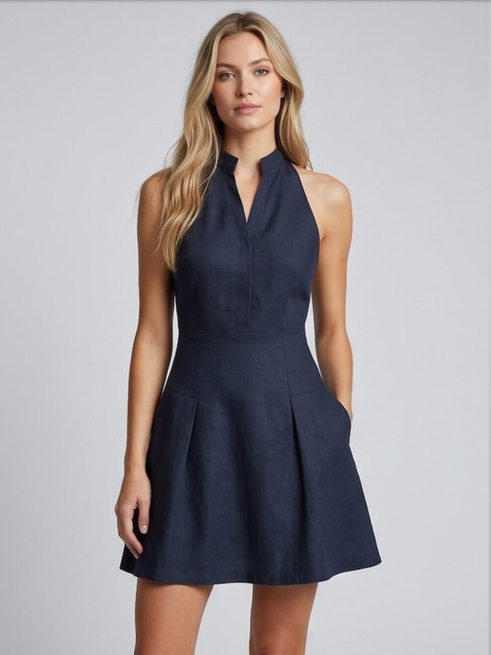 Notch-Neck Pleated Mini Dress in Midnight Navy